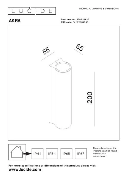 Lucide AKRA - Wandlamp Binnen/Buiten - LED - 2x6,5W 2700K - IP54 - Zwart - technisch
